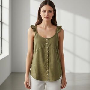 🌻NEW (w/tag) Chaser Olive Green Criss-Cross Ruffle Sleeveless Blouse Size M